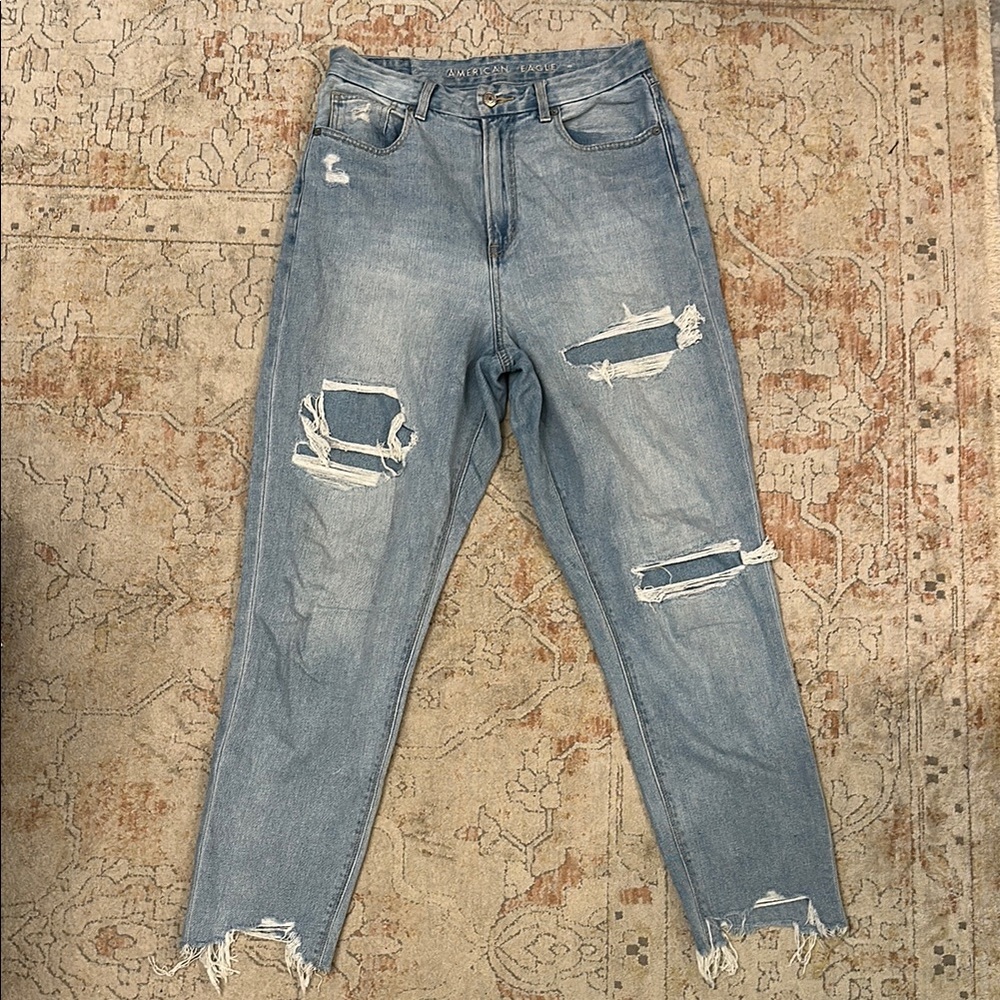 American Eagle Outfitters- Distressed Light Blue Curvy Mom Jeans